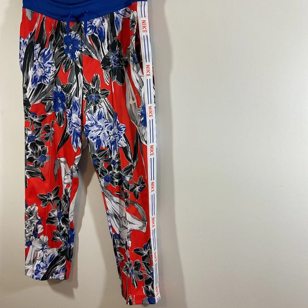 Nike Floral Track Pants Women M Red Cropped Botanical Logo Tape Streetwear Retro